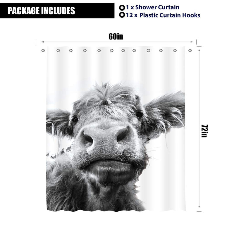 LIGHTINHOME Highland Cow Shower Curtain Bull Farm Animal Black and White 60Wx72H Grey Wildlife Portrait Funny Cute Sketch Fabric Waterproof Bathroom Home Decor Set 12 Plastic Hooks - NewNest Australia