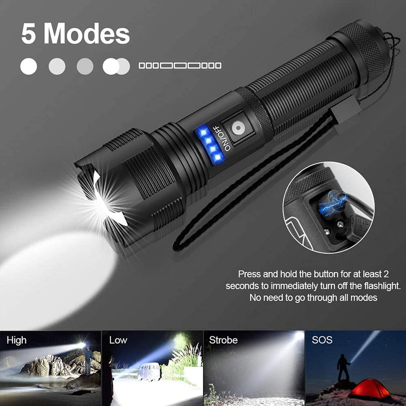 XHP50 Flashlights High Lumens Rechargeable, Super Bright Zoomable IPX4 Waterproof, LED Tactical Flashlight with 2200mAh Batteries Included, Handheld Flashlight for Camping Emergencies P50-2PC - NewNest Australia