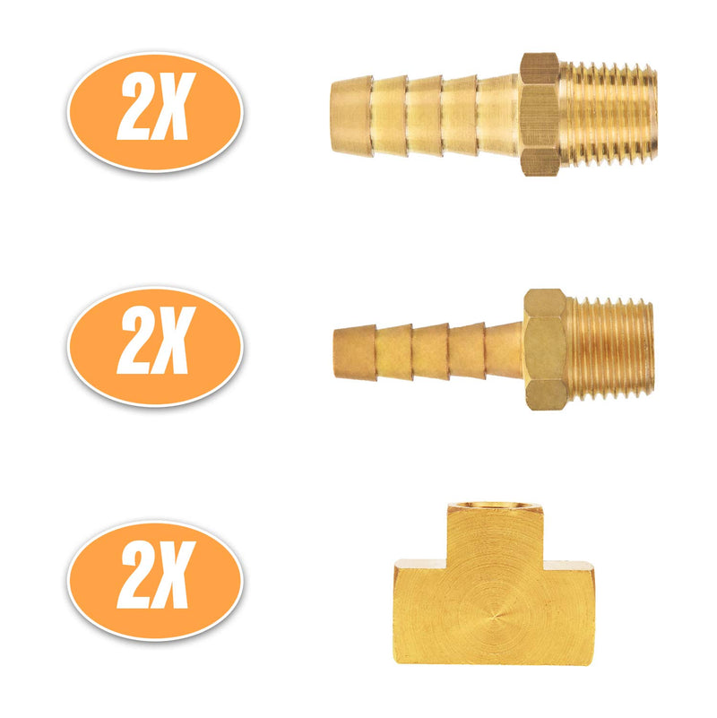 SUNGATOR 1/4" NPT Female Barstock Tee, 1/4" NPT x 1/4" Hose Barb, 1/4" NPT x 3/8" Hose Barb Adapter Set, Brass Pipe Fitting and Air Hose Fitings (6-Pack) - NewNest Australia