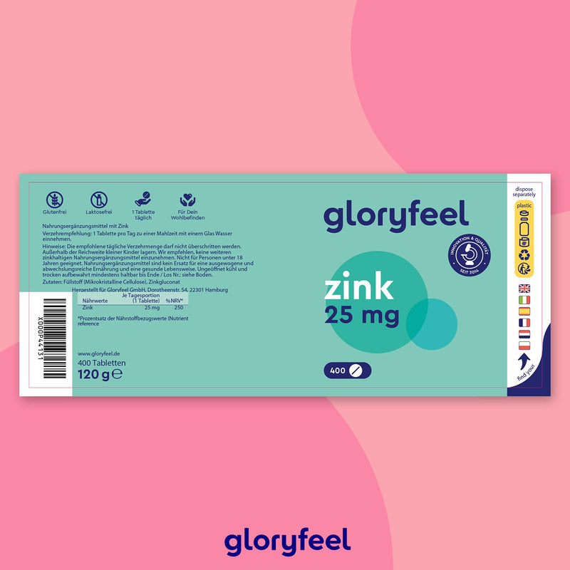 Zinc 25mg - 400 vegan tablets (13 months) - Premium zinc gluconate highly bioavailable - High dose of elemental zinc - Laboratory tested and made in Germany without additives - NewNest Australia