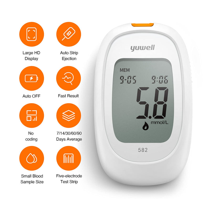 yuwell Blood Sugar Monitor, Diabetes Testing Kit with Test Strips x 50 and Lancets x 50, Blood Glucose Meter Ideal for Home Use, Batteries Include (Model 582) 582(with 50pcs test strip) - NewNest Australia