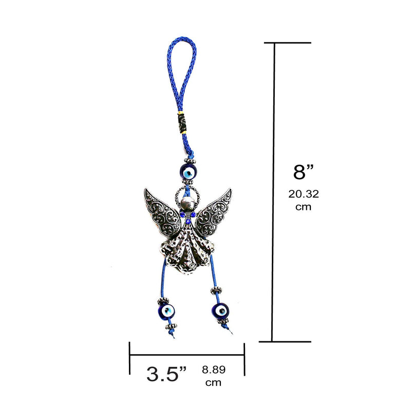 NewNest Australia - LUCKBOOSTIUM - Beautiful Silver Angel Hanging Charm with 3 Blue Evil Eye Beads, symbolizing Guardian Spirits, Luck and Protection, Ornament for Car, Home and Office, Great Gift, Silver, 3.5” x 8” 