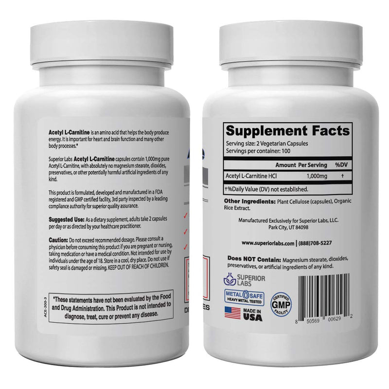 Superior Labs | Acetyl L-Carnitine 1000mg | 200 caps | Maximum Absorption | Pure Vegetable Capsules | Zero Synthetic Additives | Superior Absorption - NewNest Australia