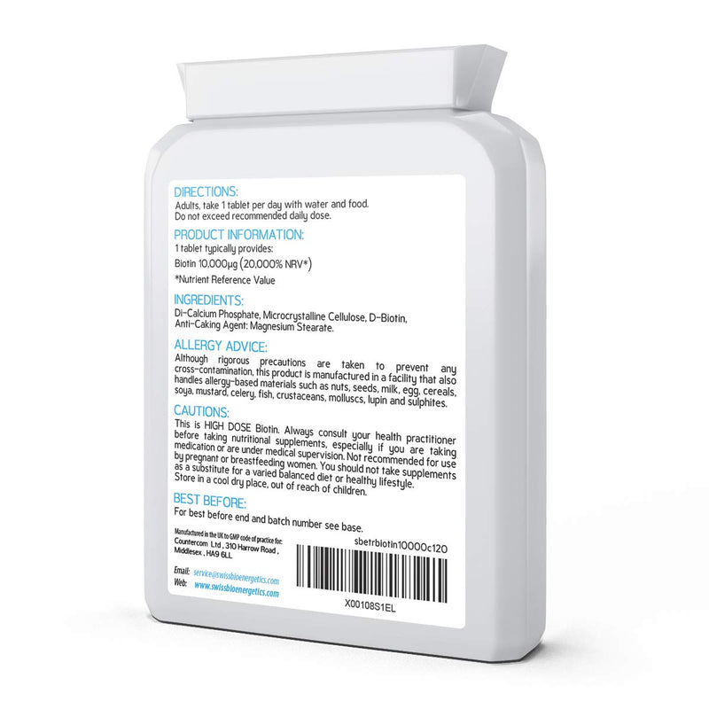 Biotin 10,000 mcg 120 Tablets – Exclusively Maximum Strength D-Biotin, The only Natural Form with Full Vitamin B7 Activity - Support for Healthy Hair Growth, Skin and Nails - UK Made to cGMP Code - NewNest Australia