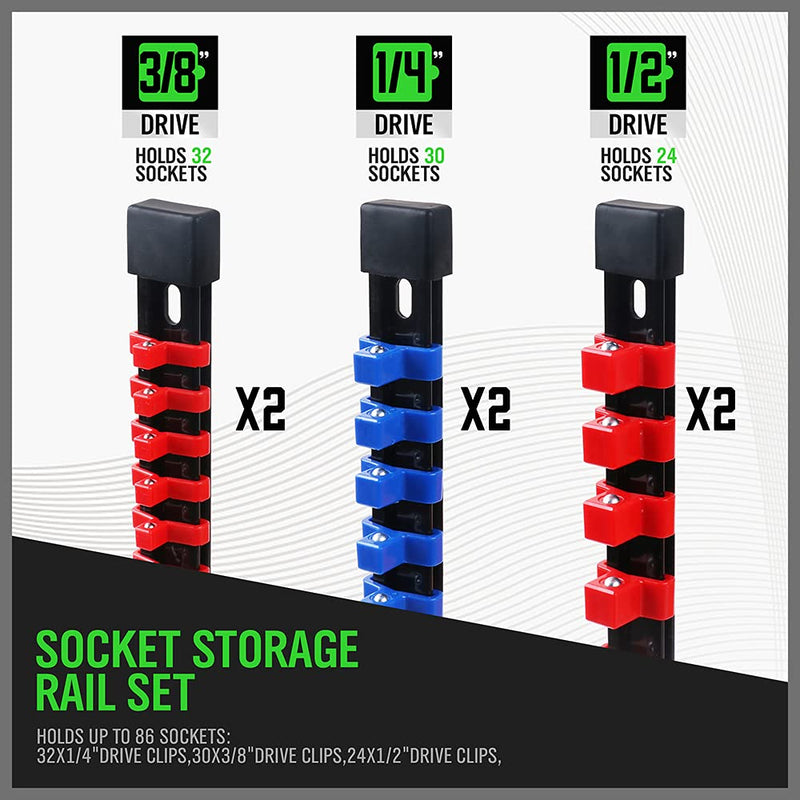 SWANLAKE ABS Socket Organizer Drive Socket Holder, 6PCS 1/4-Inch x 32 Clips, 3/8-Inch x 30 Clips, 1/2-Inch x 24 Clips, Premium Quality Socket Clip Rail Holder - NewNest Australia