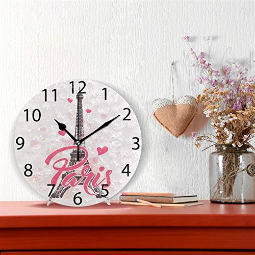 NewNest Australia - ALAZA Pink Paris with Love Round Acrylic Wall Clock, Silent Non Ticking Oil Painting Home Office School Decorative Clock Art Eiffel 