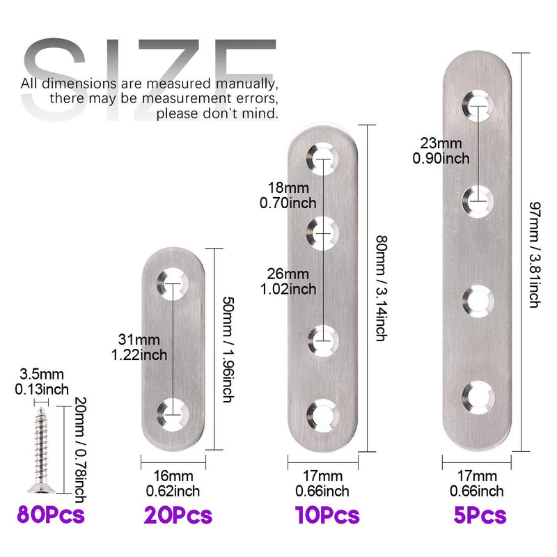 115Pcs 3 Sizes Stainless Steel Flat Straight Brace Brackets Metal Shelf Support Brackets Joining Plate with Screws Perfect for Mending Repair Plates Fixing Bracket Connector - 50mm/ 80mm/ 100mm - NewNest Australia