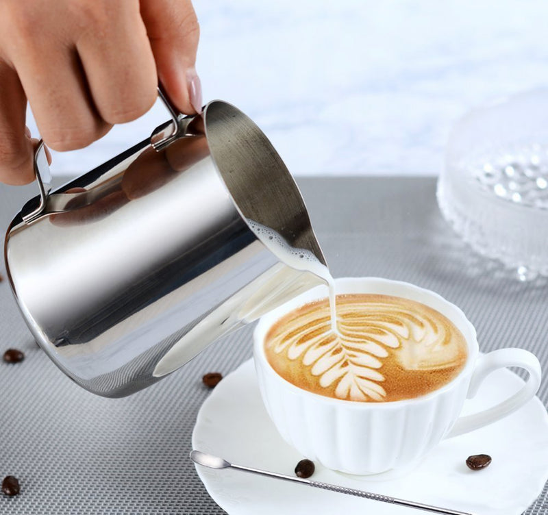 Stainless Steel Milk Jug, 350ML Handheld Coffee Creamer Milk Frothing Pitcher Jug Cup with Measurement Mark and Latte Art Pen, Milk Pitcher Jugs Perfect for Barista Cappuccino Espresso Making - NewNest Australia