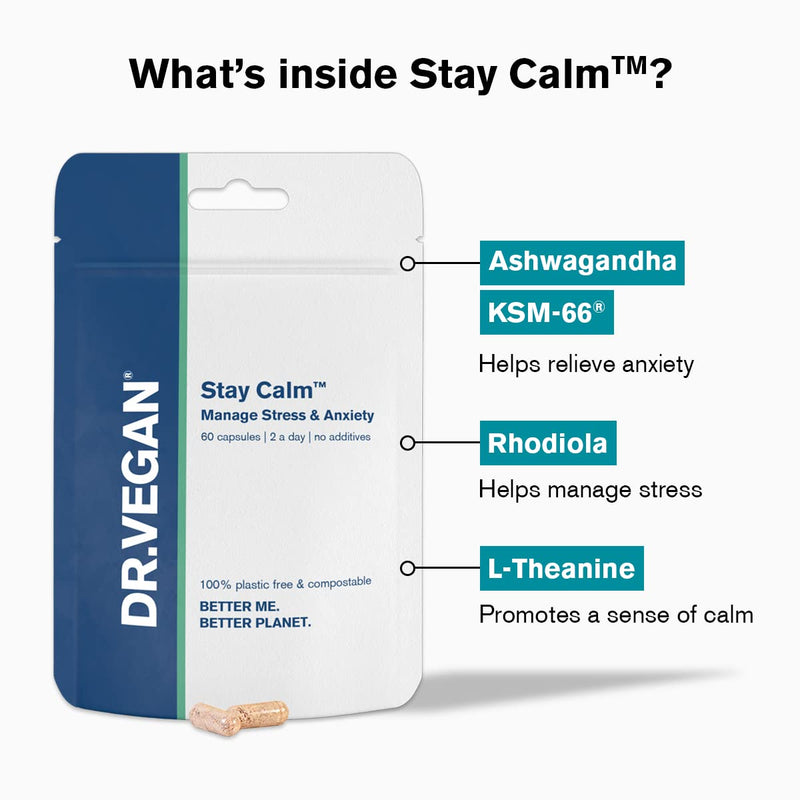 DR.VEGAN Stay Calm | for Stress & Anxiety | 60 Capsules | Two-A-Day | Including Ashwagandha KSM-66 150mg, Cordyceps 150mg, Rhodiola 100mg, Schisandra 100mg - NewNest Australia
