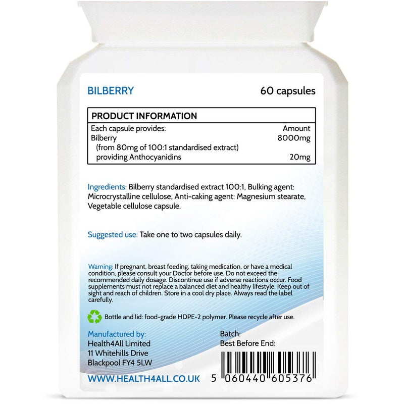 Bilberry Strong Extract 8,000mg 60 Capsules (V) . Vegan Capsules (not Tablets). Antioxidant for Eyesight. Made in The UK by Health4All. 60 Count (Pack of 1) - NewNest Australia
