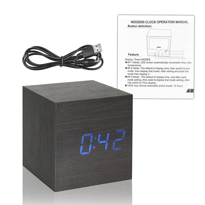 NewNest Australia - Onerbuy Wooden Digital Cube Alarm Clock Touch Sound Activated Desk Clock Portable Travel Clock with LCD Display for Time, Temperature, Calendar, 3 Alarm Settings (Black) Black 