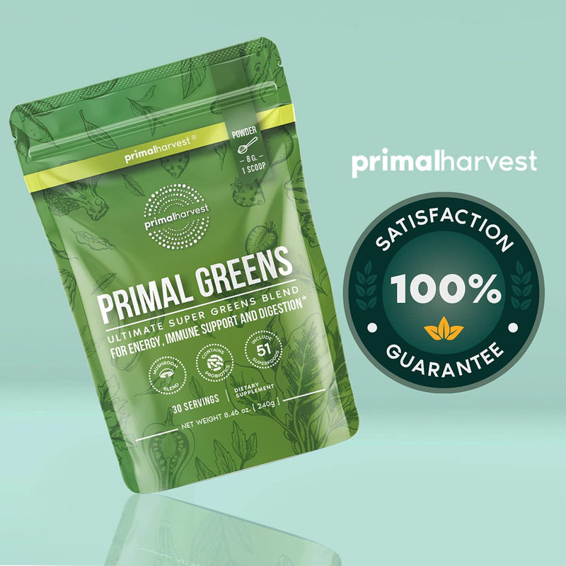 Super Greens Powder by Primal Harvest, 30 servings w/+50 Greens Superfood Chlorella, Probiotics, Green Tea, Wheatgrass, Kale, Turmeric, Green Superfood Powder for Energy - Primal Greens Green Powder - NewNest Australia