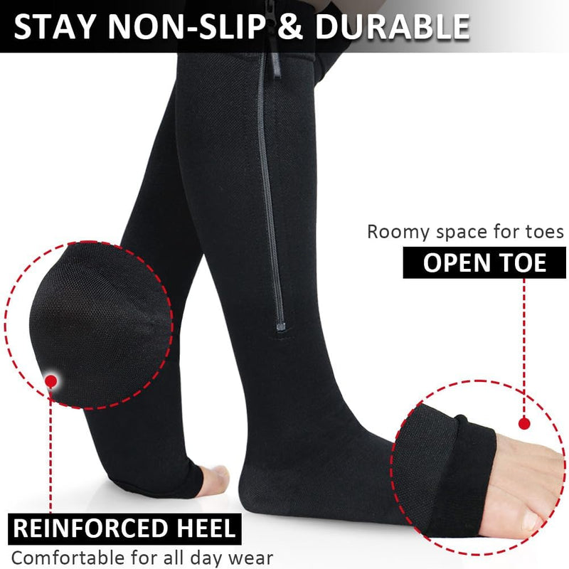 Ailaka Medical Zipper Compression Calf Socks 20-30mmHg for Women Men Knee High Open Toe Firm Support Graduated Varicose Veins Hosiery for Edema Swelling Black 3XL - NewNest Australia