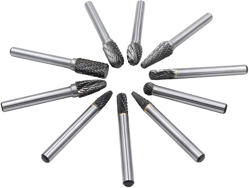 YUFUTOL Carbide Burrs Set 10pcs Double Cut Solid Carbide Rotary Burr Set 1/4 Inch Shank for Die Grinder Drill,Metal Carving, Polishing,Engraving,Drilling - NewNest Australia