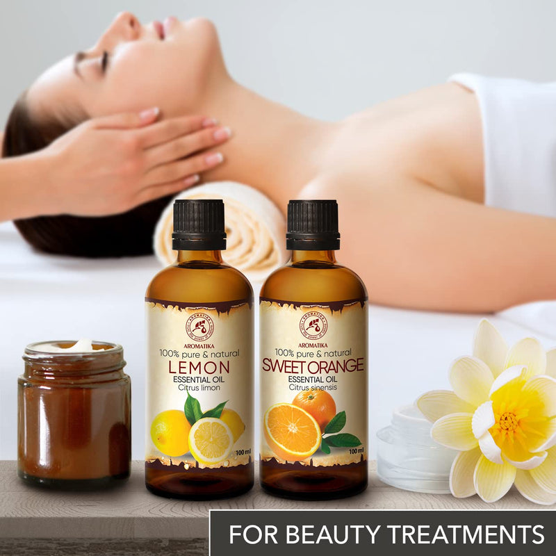 Essential Oils Set - Lemon Oil 100ml & Orange Oil 100ml - 100% Pure & Natural - Best for Aromatherapy & Spa - Perfect for Diffusers, Burners & Humidifiers - Body Care - for Good Sleep & Good Mood - NewNest Australia