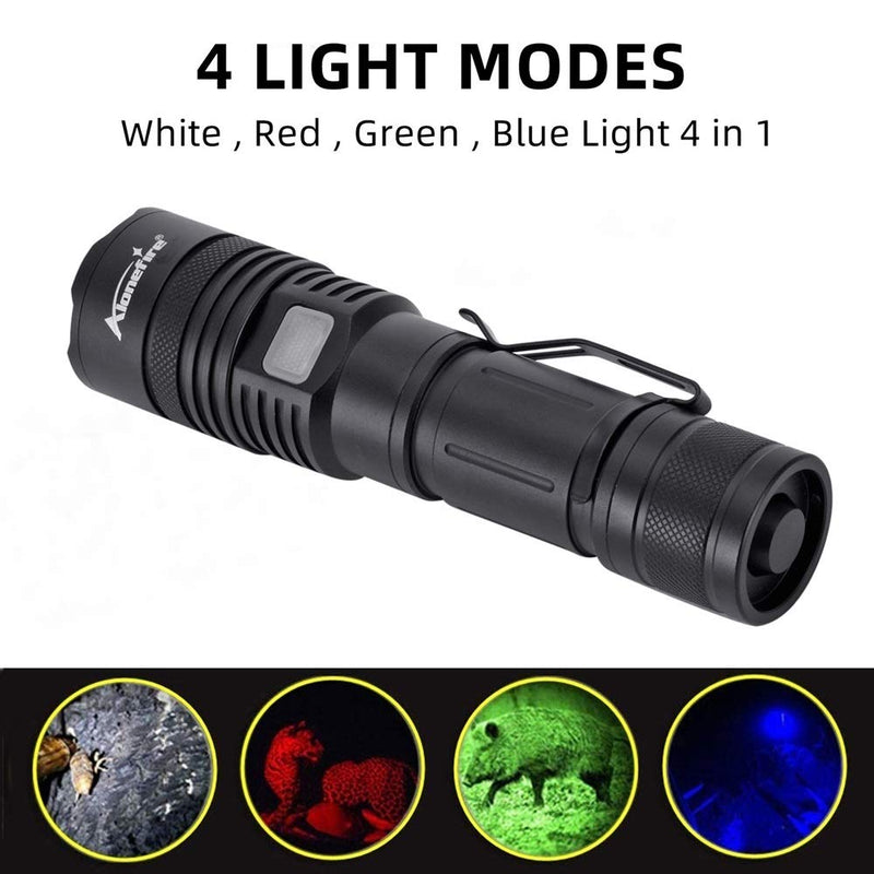 Alonefire X37 4 Color Tactical MultiColor LED Flashlight White Blue Green Red 4 Lights RGB USB Rechargeable Zoomable with Charging Indicator, Power Outlet, 26650 Battery for Tracking Hunting Fishing - NewNest Australia