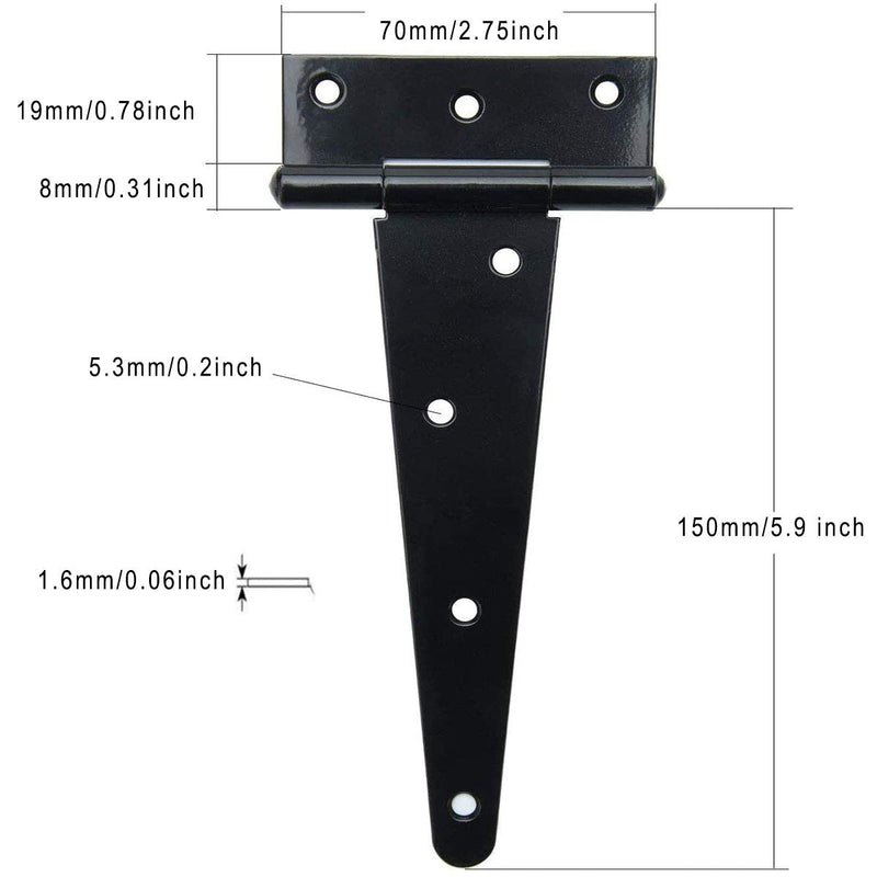 4PCS Black Heavy T Strap Hinges Gate Hinges for Wooden Fences or Metal Gates Iron Rustproof Cabinet Shed Barn Door Hinges (6 Inch with Screws) - NewNest Australia