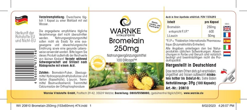 Bromelain capsules - 250mg bromelain per capsule - 600 FIP - natural pineapple enzyme - vegan & high dosage - 100 capsules | Warnke vital substances - NewNest Australia