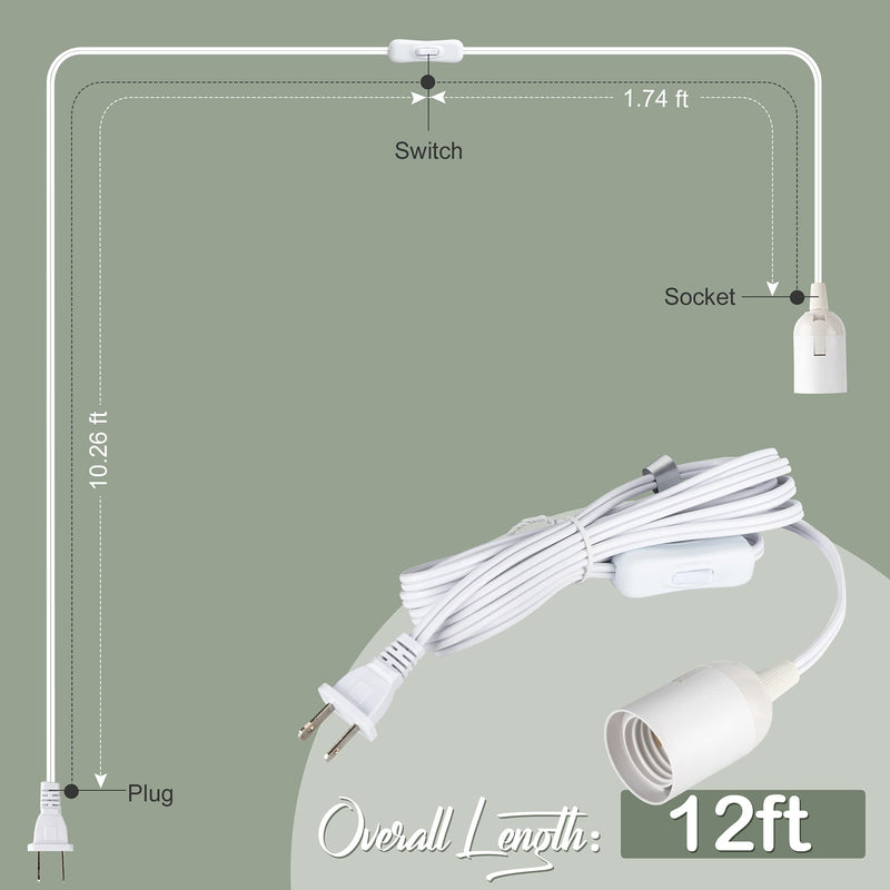 JACKYLED Extension Hanging Lantern Cord Cable UL 12Ft E26 E27 Socket On/Off Switch Plug in Pendant Lighting for Kitchen Bedroom Plant Growth Light - NewNest Australia