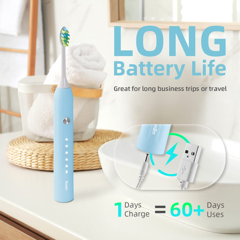7AM2M Sonic Electric Toothbrush for Adults and Kids, One Charge for 90 Days, with 6 Brush Heads, 5 Modes with 2 Minutes Build in Smart Timer, Roman Column Handle Design(Light Blue) Light Blue - NewNest Australia
