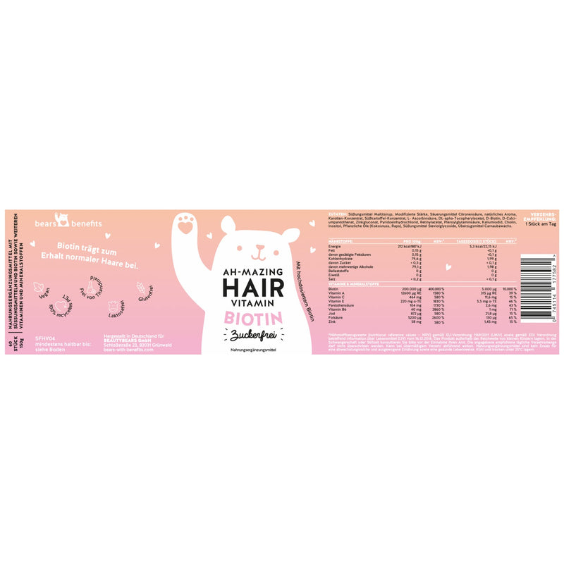 Pack Of 2 Biotin High Dose 5000 Œºg + Zinc - Gummy Bears For Normal Hair Growth - Skin Hair Nails Complex - Vegan, Sugar-Free Hair Vitamins - 120 Pieces For 4 Months - Bears With Benefits - NewNest Australia