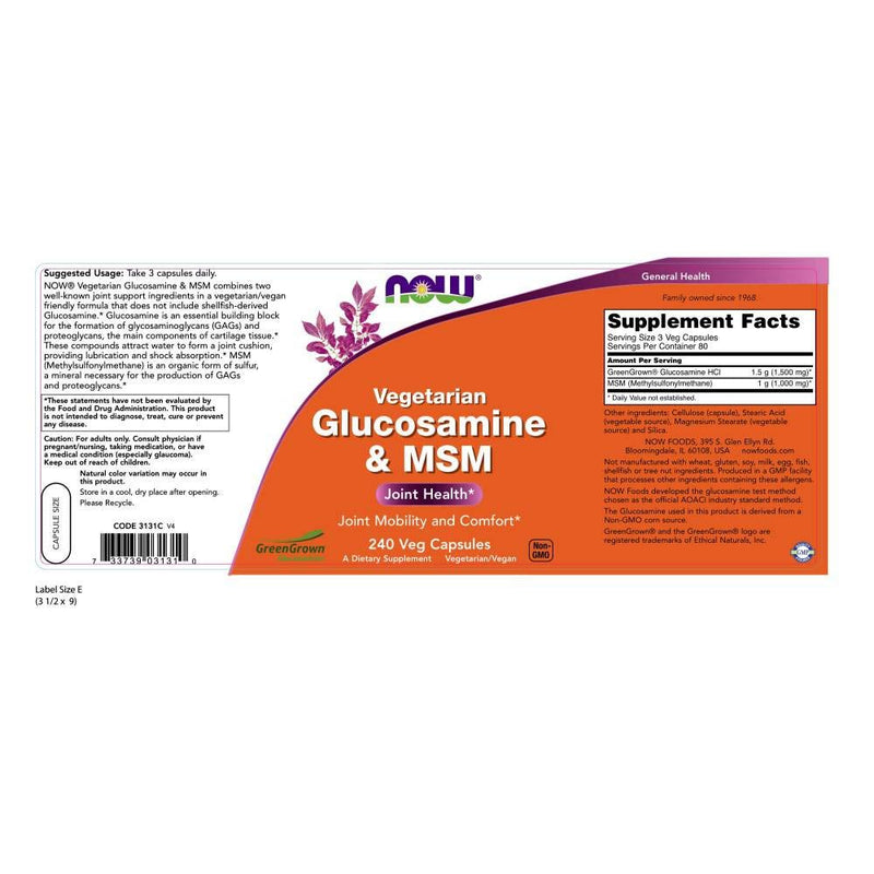 NOW Supplements, Glucosamine & MSM (GreenGrown Glucosamine), Vegetarian, 240 Veg Capsules - NewNest Australia