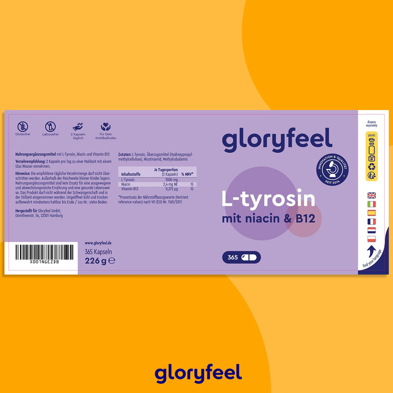 L-Tyrosine high dose - 365 capsules - With 1,000 mg tyrosine per daily dose - Amino acid with vitamin B for nerves, metabolism and psyche * - Supplies for half a year - 100% vegan - NewNest Australia