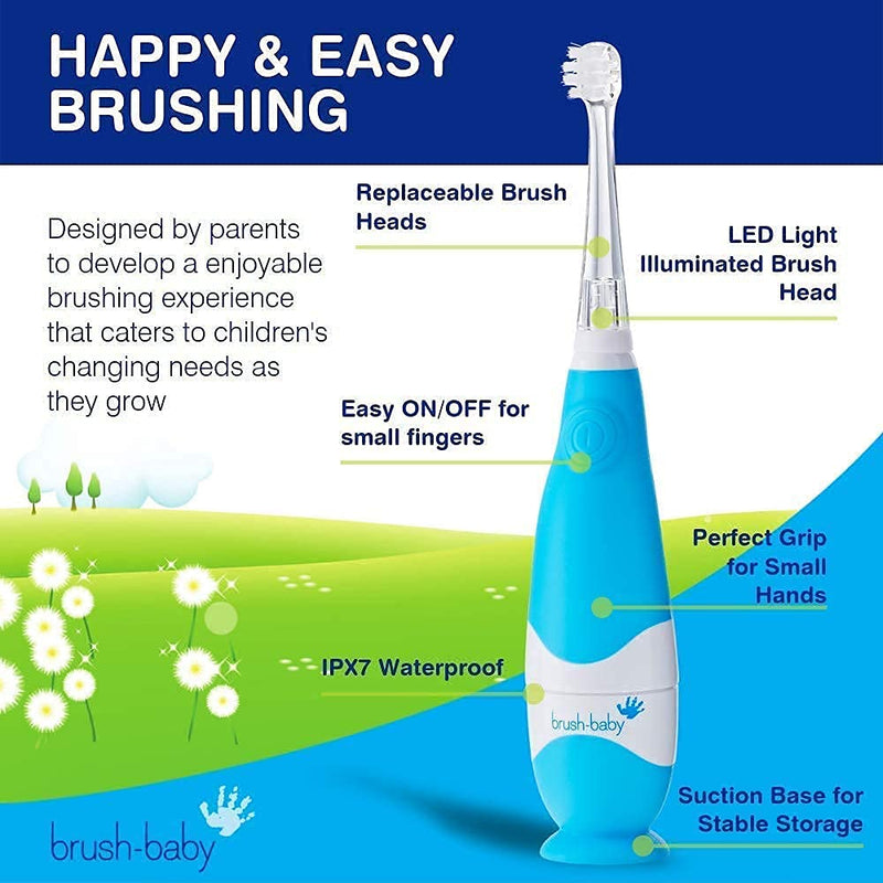 Brush Baby BabySonic Infant and Toddler Electric Toothbrush for Ages 0-3 Years - Smart LED Timer and Gentle Vibration Provide a Fun Brushing Experience - Includes 2 Sensitive Brush Heads (Blue) Blue - NewNest Australia