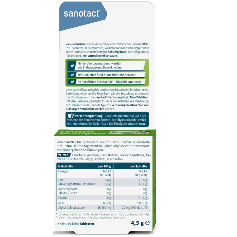 sanotact Digestive Hero • 40 mini tablets • Helps with the digestion of grains, cabbage and legumes • Irritable bowel syndrome tablets promote digestion for bloated stomachs 40 pieces (pack of 1) - NewNest Australia