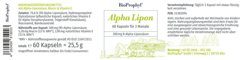 BioProphyl® Alpha Lipon - 300 mg purely natural - (R)-alpha lipoic acid - without synthetic (S)-alpha lipoic acid - with vitamin E and niacin - 60 vegetable capsules - NewNest Australia