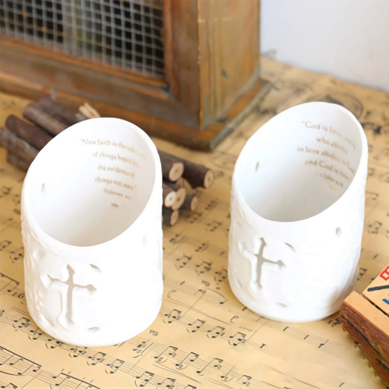 NewNest Australia - DreamsEden Set of 2 Ceramic Christian Cross Tealight Candle Holder with Bible Verses Include Flickering LED Flameless Tea Light Candles for Wedding and Home Decor Led Tealight, White 