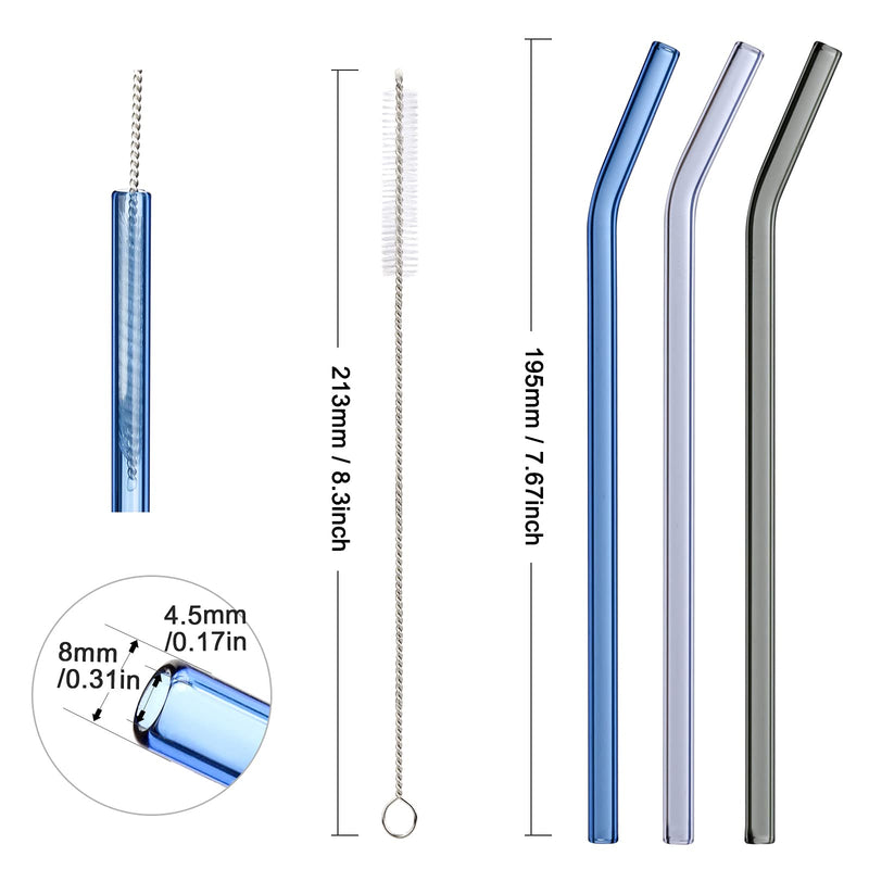 Glass Straws Reusable, 8 Pcs Multicolour Drinking Straw, Bent Glass Drinking Straws with 2 Cleaning Brushes, Eco Friendly Glass Straws for Smoothies Milkshake and Cocktail (19.5cm) - NewNest Australia