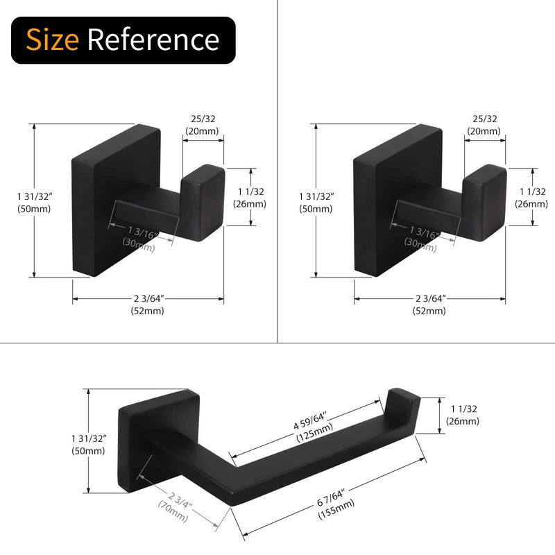 NANA kimzcn 3-Pieces Set Bathroom Hardware Set Matte Black Stainless Steel Squear Wall Mounted - Includes Toilet Paper Holder, 2X Robe Towel Hooks, Bathroom Accessories Kit D69027B - NewNest Australia