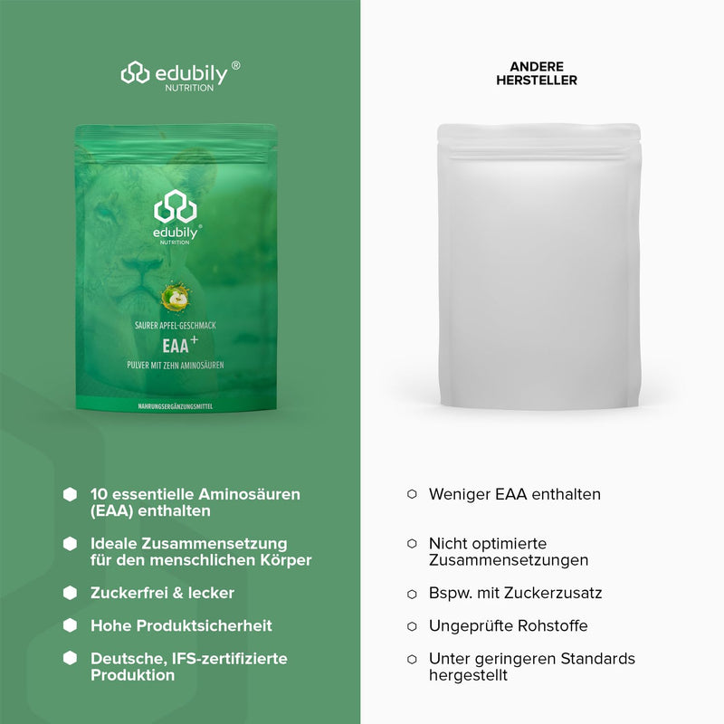 edubily nutrition® Vegan EAA powder • High-quality EAA complex made of 10 essential amino acids • Sour apple flavor • Sweetened with stevia • 400 g - NewNest Australia