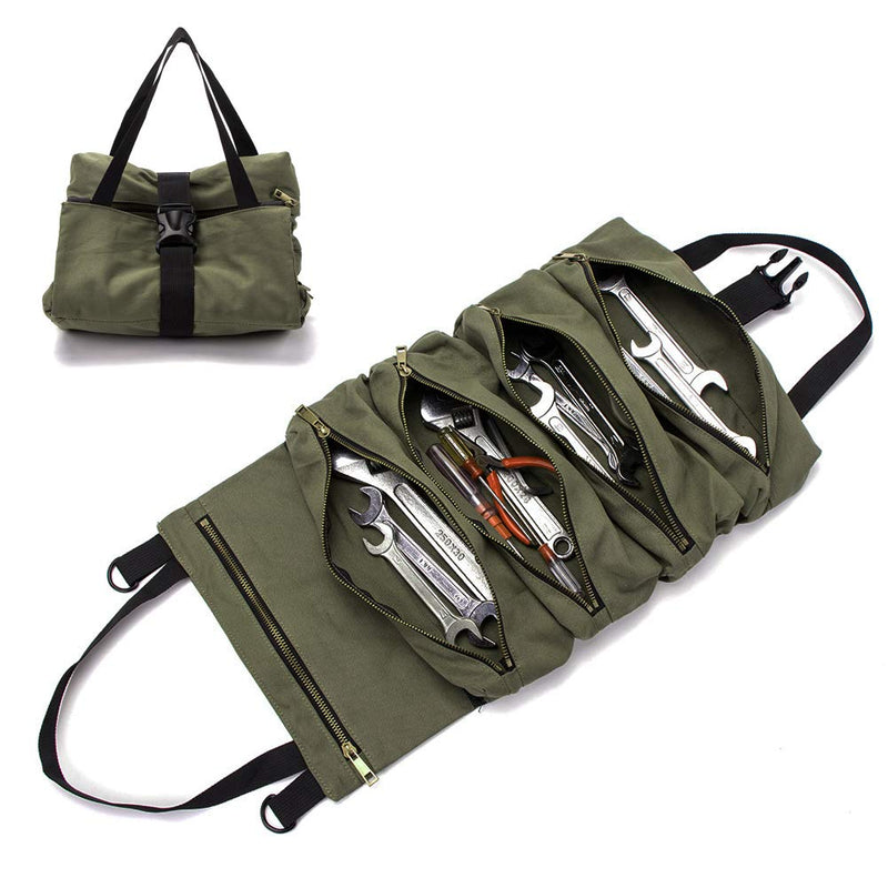 Super Roll Tool Roll,Multi-Purpose Tool Roll Up Bag, Wrench Roll Pouch,Canvas Tool Organizer Bucket,Car First Aid Kit Wrap Roll Storage Case,Hanging Tool Zipper Carrier Tote,Car Camping Gear Army Green - NewNest Australia
