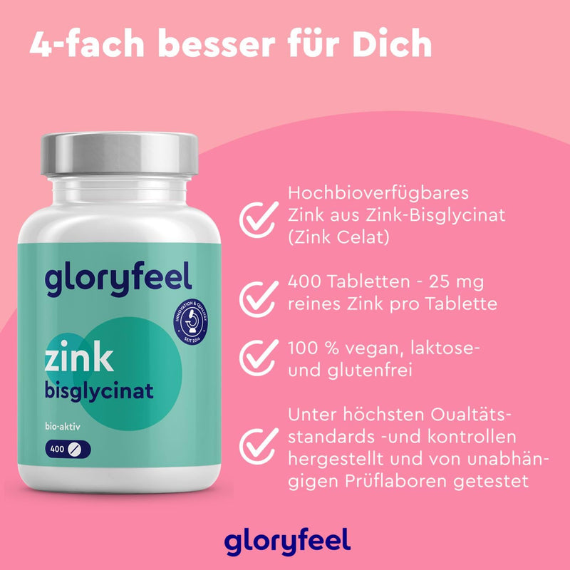 Zinc 25mg - 400 tablets - Premium zinc bisglycinate (zinc chelate) highly bioavailable - 25mg elemental zinc per tablet - Laboratory tested, vegan, made in Germany without additives - NewNest Australia