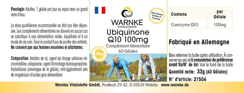 Coenzyme Q10 100mg - CoQ10 capsules - high dose - ubiquinone - 60 capsules - vegan | Warnke vital substances - NewNest Australia