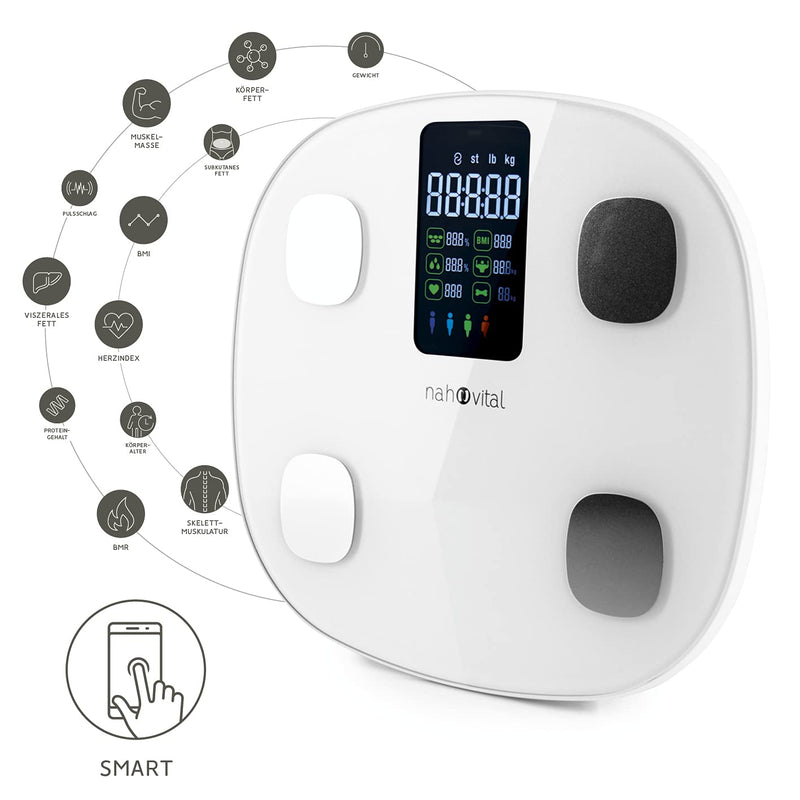 Nah-Vital Smart Body Analysis Scales, Digital Personal Scales, Body Fat Scales With App For 15 Body Data Such As Body Fat, Weight, Bmi, Muscle Mass And Bmr, Large Display, Up To 24 Profiles - NewNest Australia