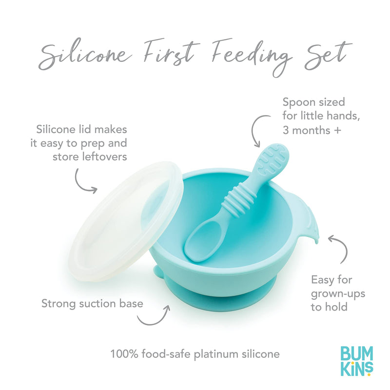 Bumkins Suction Silicone Baby Feeding Set, Bowl, Lid, Spoon, BPA-Free, First Feeding, Baby Led Weaning - Blue , 3 Piece Set - NewNest Australia