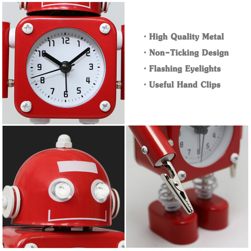 NewNest Australia - Betus Non-Ticking Robot Alarm Clock Stainless Metal - Wake-up Clock with Flashing Eye Lights and Hand Clip (Ruby Red) Ruby Red 
