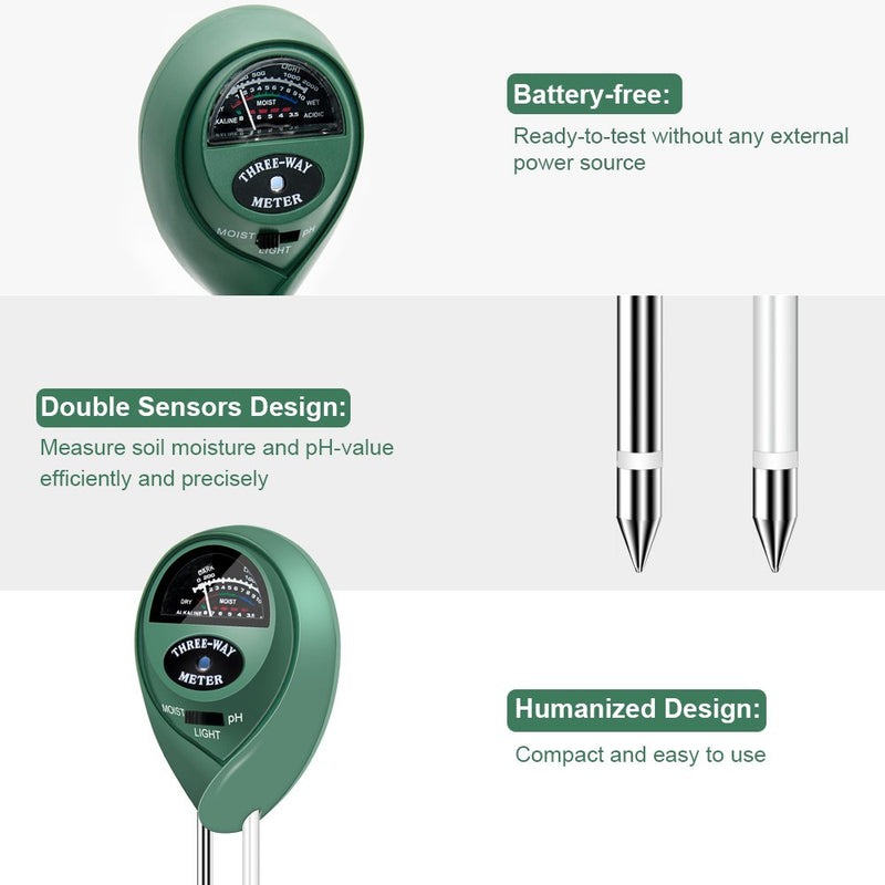 Sonkir MS01 Soil pH Meter, 3-in-1 Soil Moisture/Light/pH Tester Gardening Tool Kits for Garden, Lawn, Farm, Green - NewNest Australia