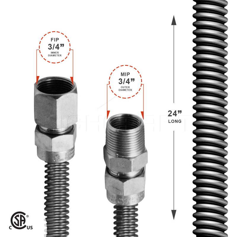 HIGHCRAFT GUHD-TT12-24Q Gas Line Hose 5/8'' O.D. x 24'' Length with 3/4 in. FIP x MIP Fitting, Uncoated Stainless Steel Flexible Connector, 24 Inch - NewNest Australia