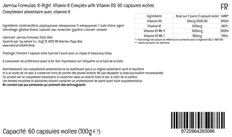 Jarrow Formulas K-Right Vitamin K Complex, depot, with vitamin D3, vitamin K1, MK-4 and MK-7, 60 soft capsules, laboratory tested, gluten-free, soy-free, non-GMO - NewNest Australia