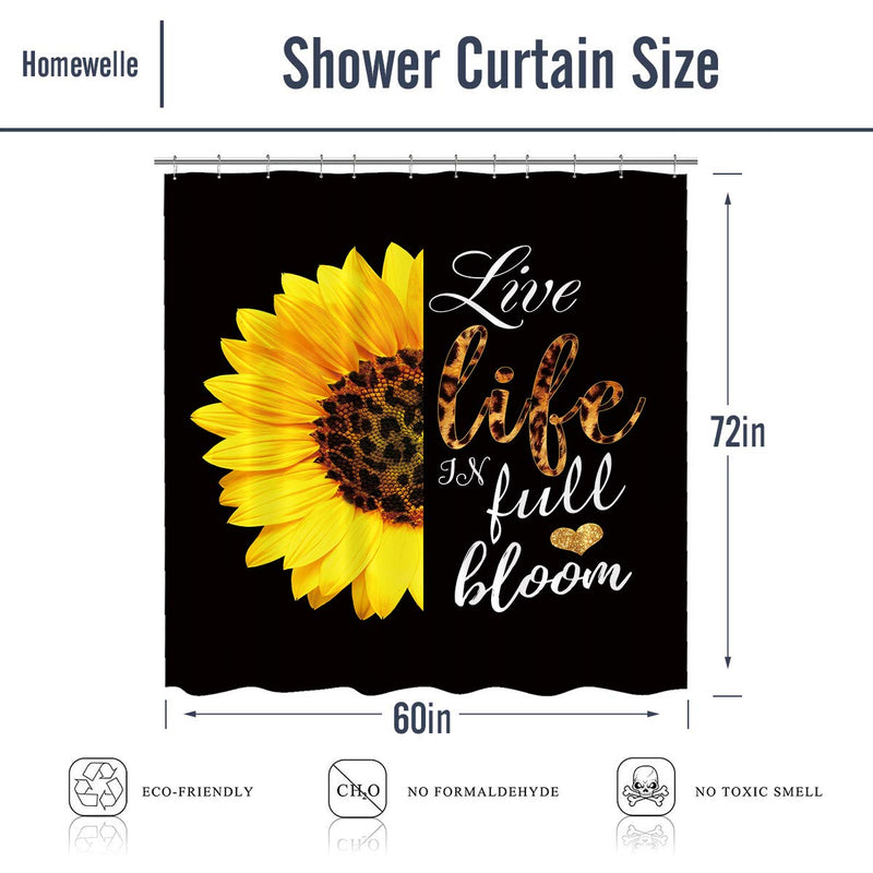 Homewelle Sunflower Shower Curtain Leopard Motivational Quotes Black Yellow Live Life in Full Bloom Floral Inspirational Print 60x72inch 12 Pack Plastic Hooks Polyester Fabric Bathroom Bathtub 60Wx72L - NewNest Australia