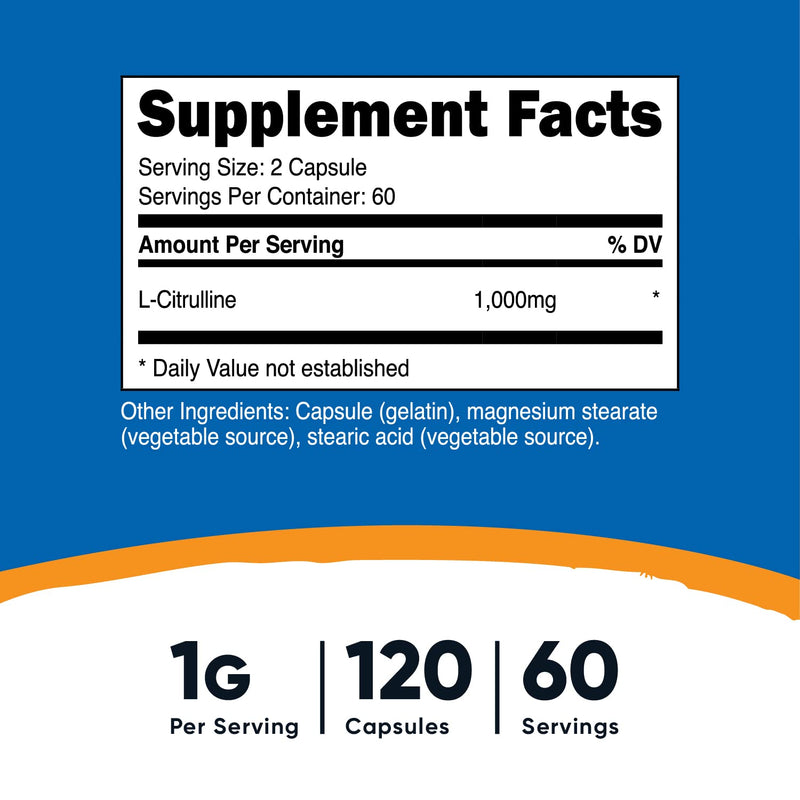 Nutricost L-Citrulline 500mg, 120 Capsules - Gluten Free, Non-GMO, 1000mg Per Serving (60 Serv) 120 Count (Pack of 1) - NewNest Australia