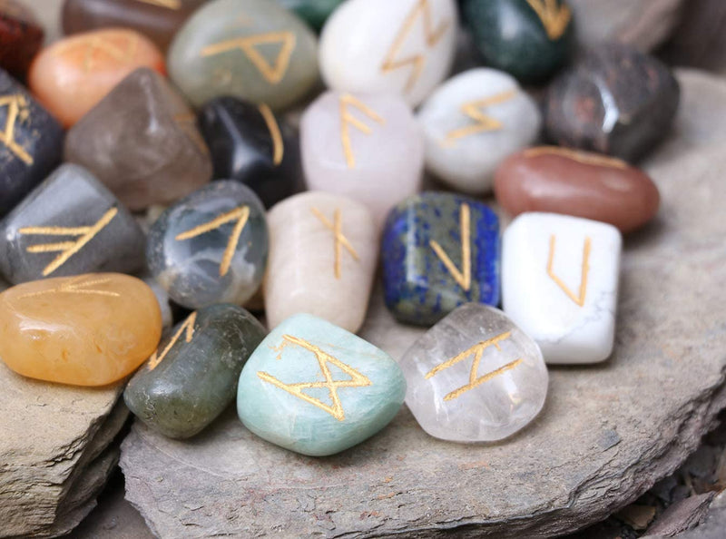 Crocon Mix chakra Rune tumble shape gemstone rune with Elder Futhark Alphabet Engraved | 25 pcs runes set | Crystal Divination Healing Chakra Reiki | with a pouch| Size : 25-30 mm - NewNest Australia