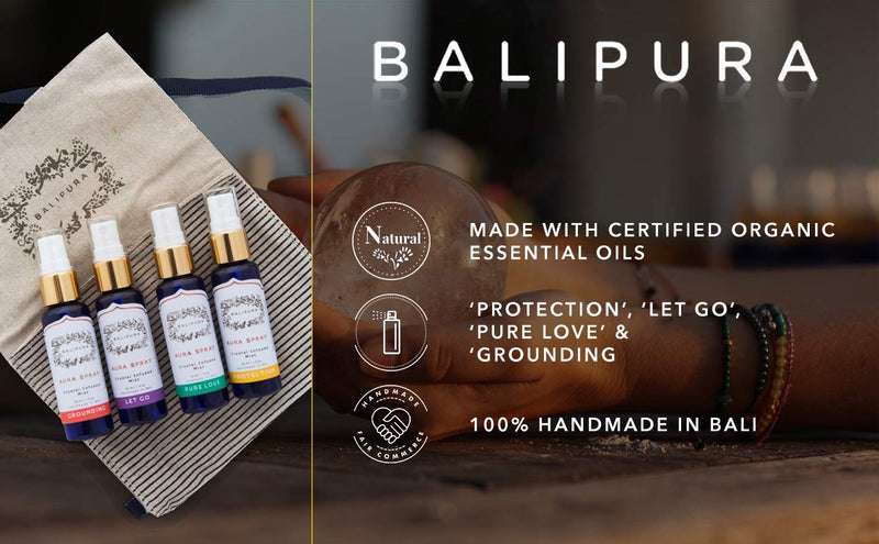 BALIPURA - Aura Healing Spray Mist - enriched with healing crystals and organic essential oils - gift set with linen bag, 4 x 30 ml - NewNest Australia
