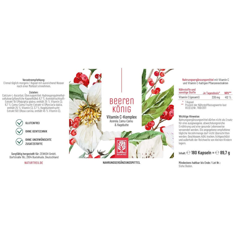 Vitamin C complex 180 capsules of natural vitamin C in high doses from acerola, rose hip & camu camu - natural, plant-based, vegan and without additives - 6 month supply - NewNest Australia