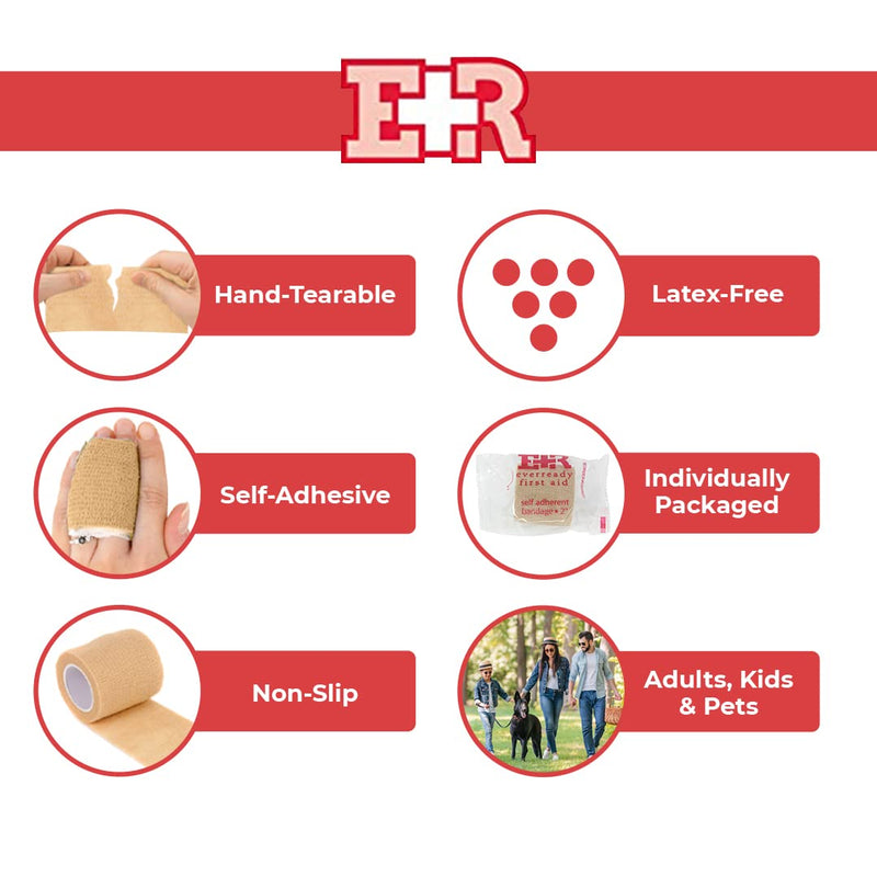 Ever Ready First Aid Self Adherent Cohesive Wrap Bandages, 2” x 5 Yards for First Aid, Sprains, Swelling, Sports, Pets, Tan Color – 12 Count - NewNest Australia