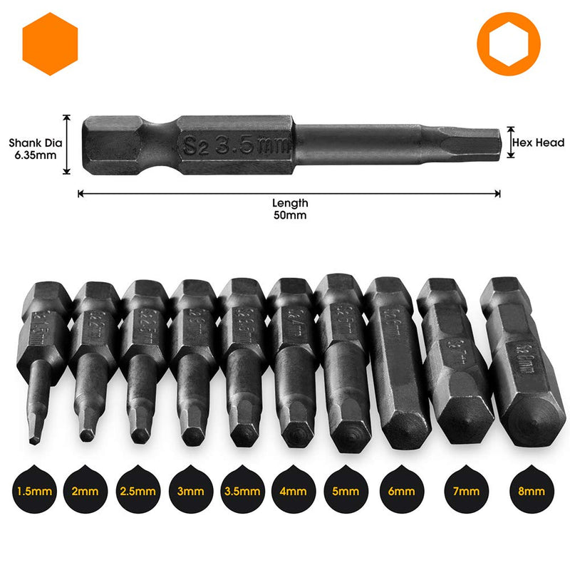 10PCS Hex Head Allen Wrench Drill Bit Set, VAKOGAL S2 Steel Hex Head Screwdriver Bit Set, with Magnetic, 1.5-8mm Metric, 1/4 Inch Hex Shank, 2 Inch Length, for Hand Held Wrench and Electric Drills METRIC (MM) - NewNest Australia